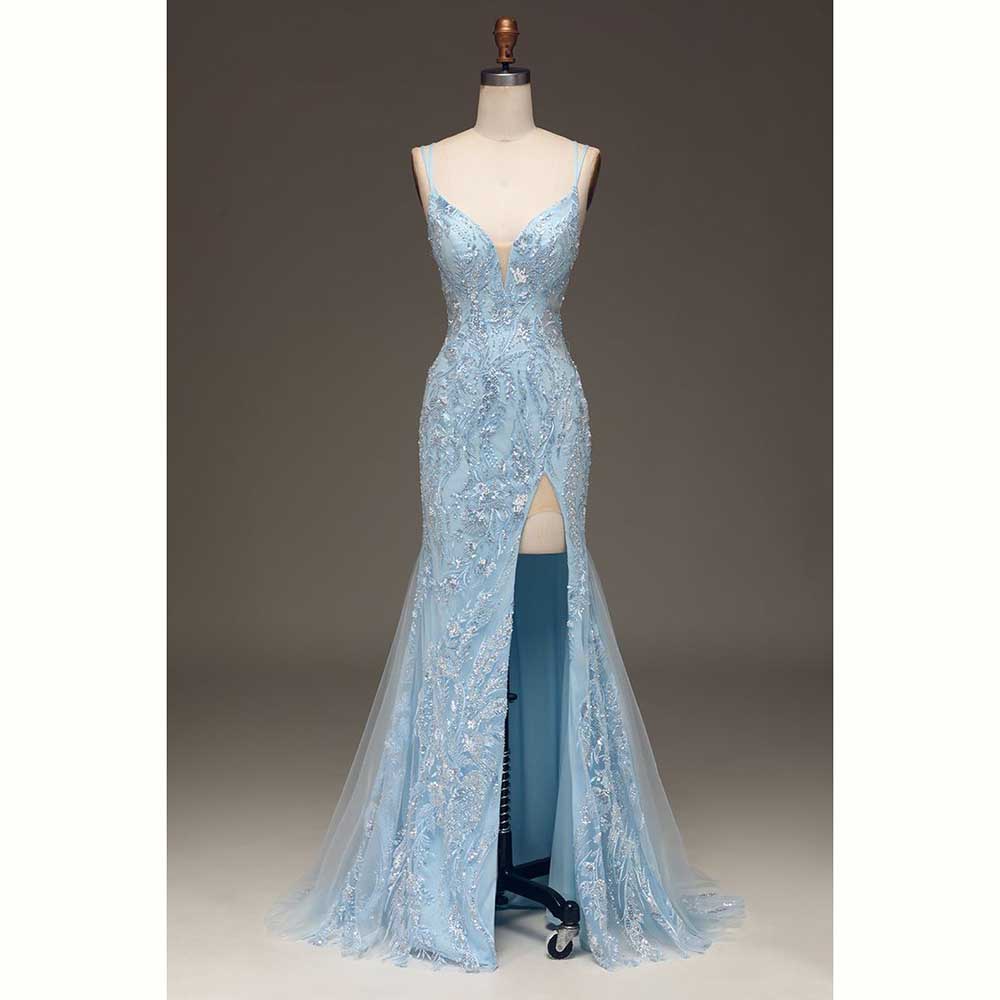 Elegant Satin Evening Gown Split - Eleganckie jasnoniebieskie satynowe damskie suknie wieczorowe