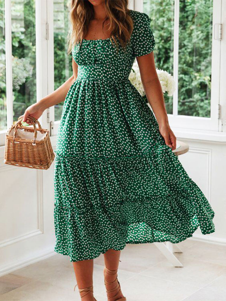 French Vintage Floral Midi Dress - Vestidos Vintage Vintage Print bufiaste rękawy