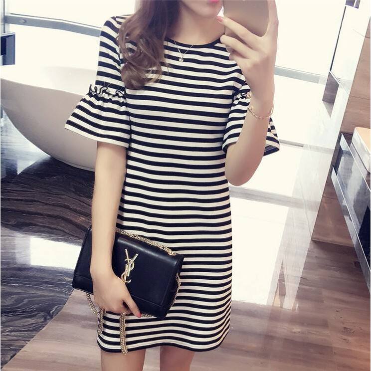 Korean Style A Line Shirt Dress - Letnia sukienka w paski damska midi