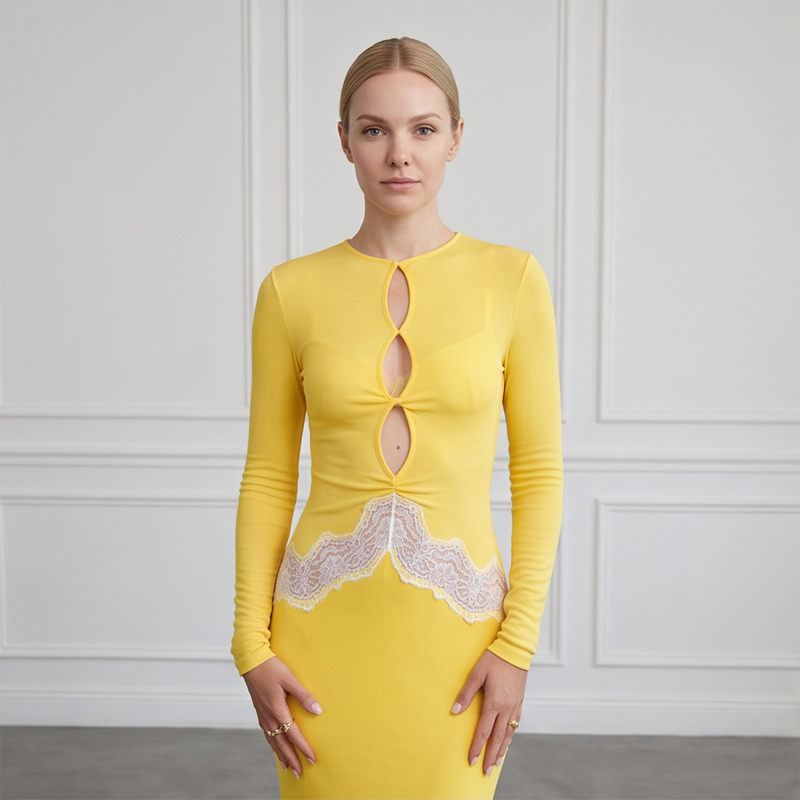 Bodycon Long Sleeve Ribbed Dress - Damska żółta koronkowa sukienka maxi z