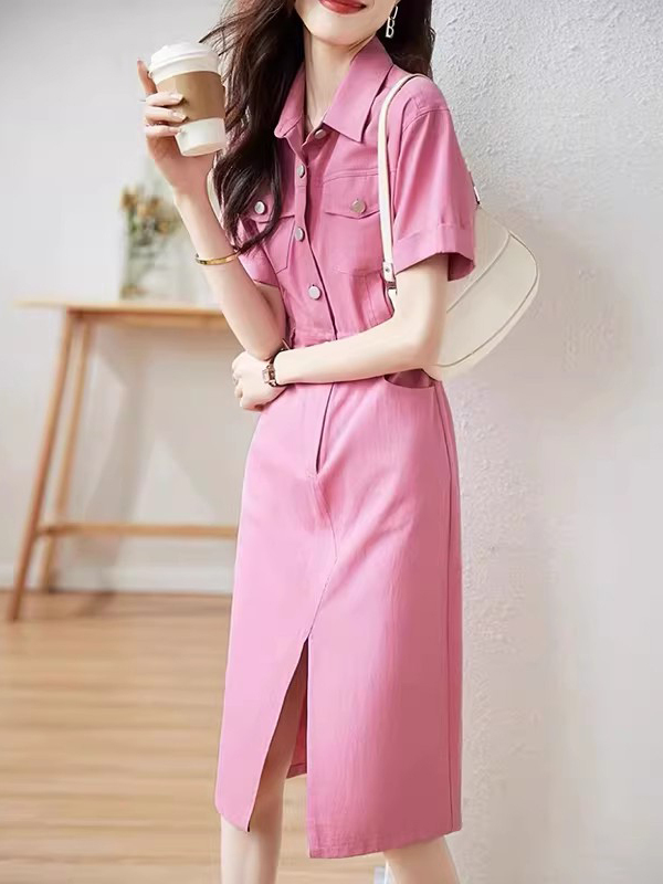 Korean Style A Line Shirt Dress - Elegancka damska sukienka koszulowa na wiosnę,