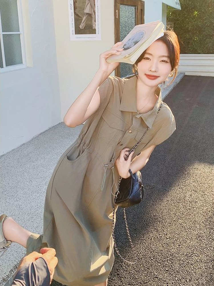 Korean Style A Line Shirt Dress - Wyszczuplająca sukienka koszulowa plus size w