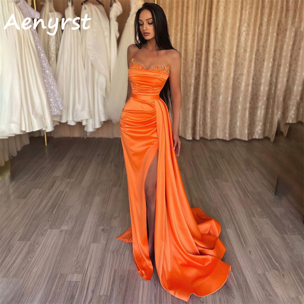 Elegant Satin Evening Gown Split - Eleganckie suknie wieczorowe bez ramiączek w
