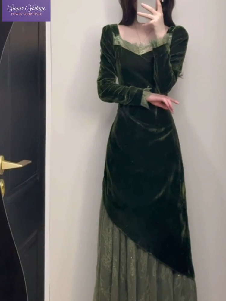 French Vintage Floral Midi Dress - Francuska Sukienka Vintage Elegancka z Aksamitu