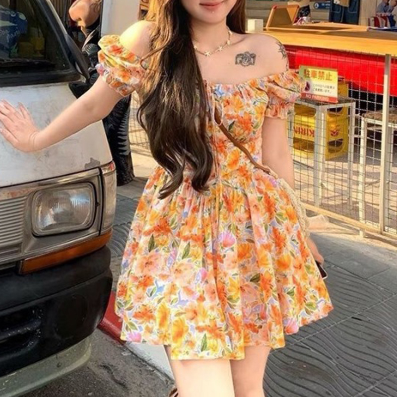 Nowa pomarańczowa sukienka min – Off Shoulder Puff Sleeve Sundress recenzja i cena