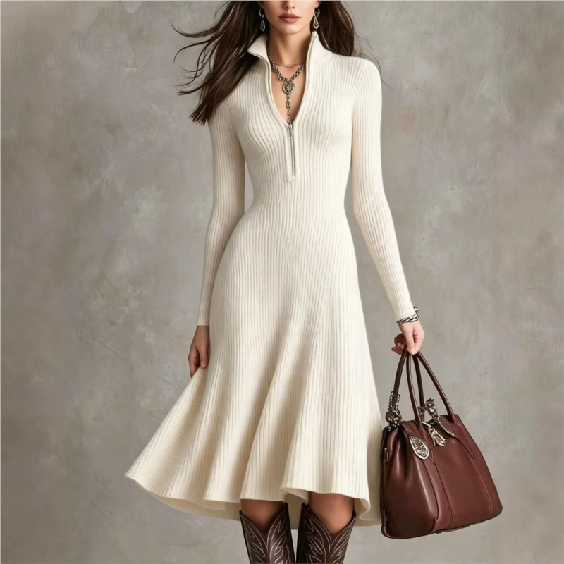Damska sukienka midi z prążkow – Bodycon Long Sleeve Ribbed Dress recenzja i cena