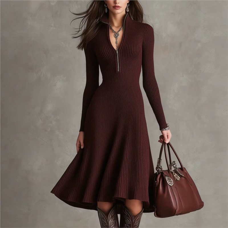Damska sukienka midi z prążkow – Bodycon Long Sleeve Ribbed Dress recenzja i cena